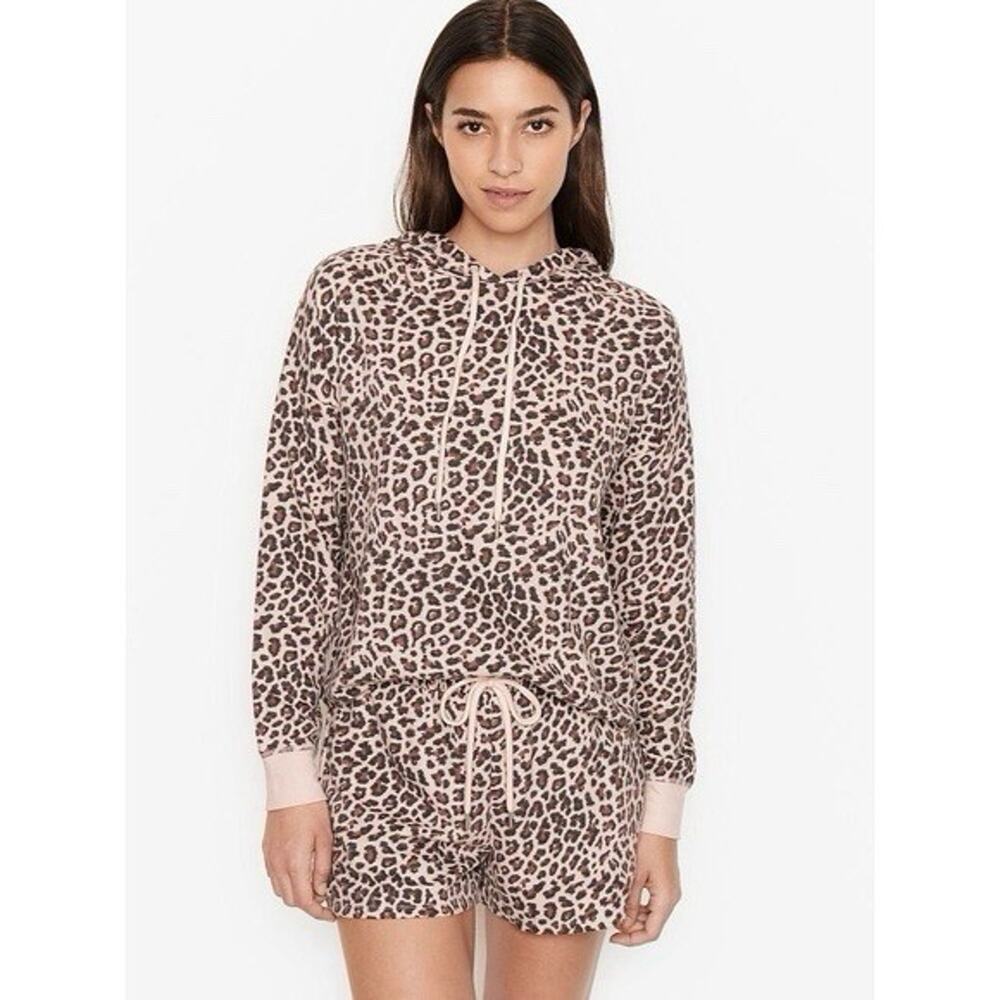 Victoria's Secret Waffle Knit Lounge Set Leopard Hoodie & Shorts Size L Cheetah